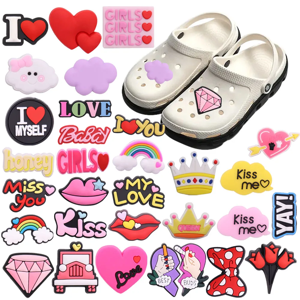 

Mix 50Pcs PVC Shoe Charms Heart Rose Cloud Car Bow Miss You Rainbow Crown Kiss Me Love Girls Croc Jibz Fit Wristband Decoration