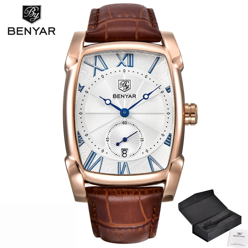 

BENYAR 2024 New Fashion Men's Calendar Quartz Watch Luxury Mineral Glass Square Military Leather Waterproof 3Bar reloj hombre wa