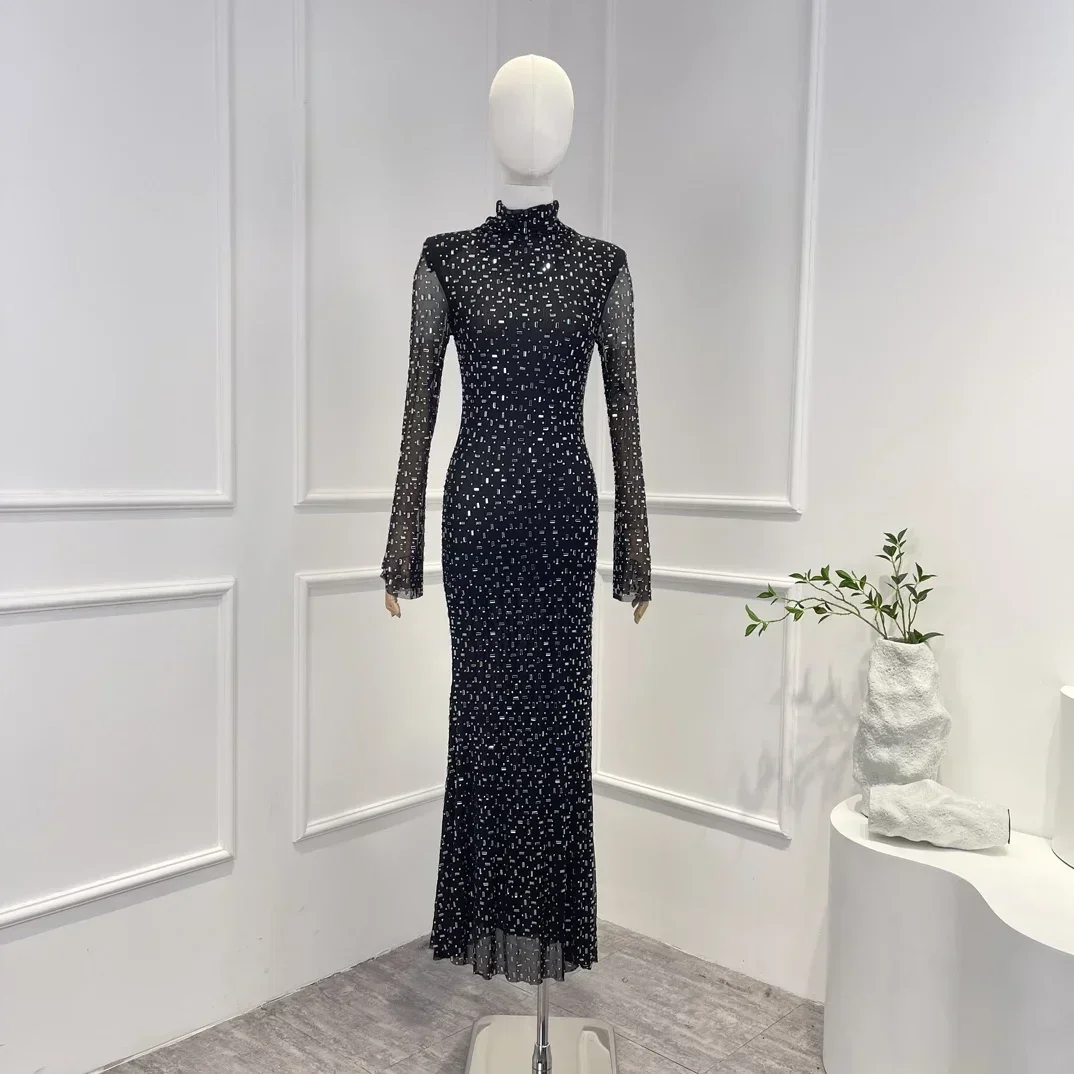 

Лидер продаж 2024, оригинальное черное тонкое винтажное платье с длинным рукавом и кристаллами, женская одежда, платье миди