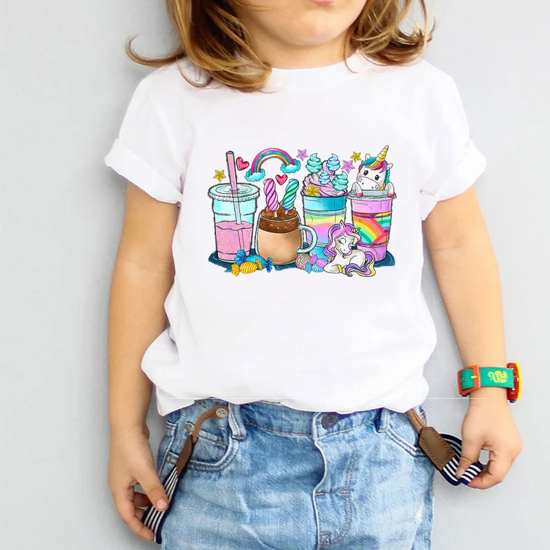 

Kawaii футболка для девочек Забавный Единорог чашка воды графический принт детская одежда футболка Летняя одежда для девочек топ с коротким рукавом 1 до 15