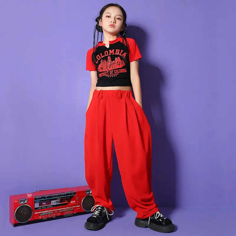 

Teenager Kids Hip Hop Red Costume Girls Cropped Tops Loose Pants Kpop Jazz Performance Dance Clothes Rave Outfit 6 8 10 12 14 Y