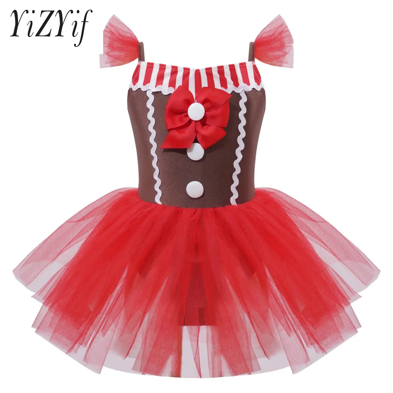 

Big & Little Girls Xmas Gingerbread Bodysuit Costume Camis Dress Sleeveless Mesh Ballet Tutu Dress