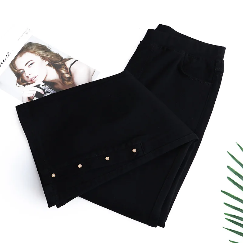 

2023 Autumn Slim Women Flare Pants Plus Size Clothes Casual Fashion Design Sense Slit Diamond Rivet Black Bottoms
