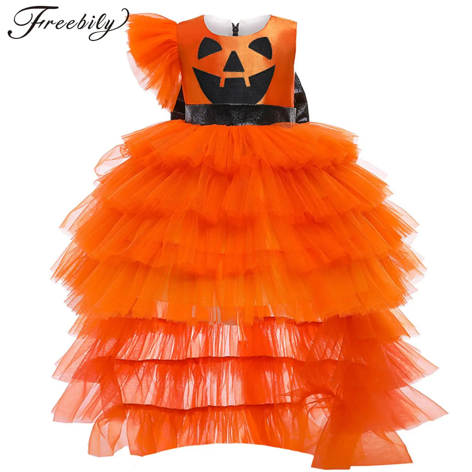 

Kids Girls Pumpkin Dress Halloween Cosplay Costume Bowknot Hi-lo Hem Tiered Mesh Tutu Theme Party Carnival Roleplay Clothes