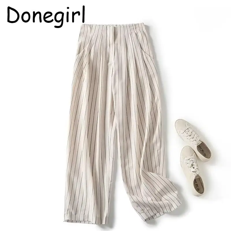 

Donegirl New 2023 Women Summer Vertical Striped Printed Straight Leg Pants Commute Versatile Casual Trousers Chic Female Fashion