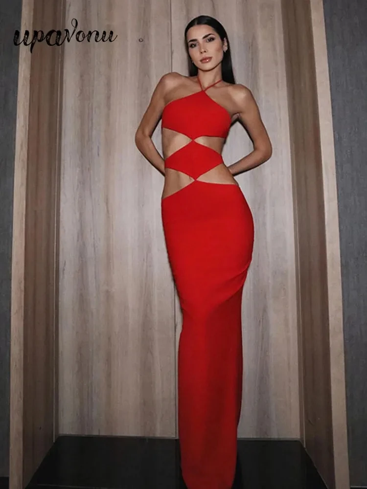 

2024 Sexy Women's Red Hollow Bandage Dress with Hanging Neck Sleeveless Bodycon Off Back Long Dress Evening Club Party Vestidos