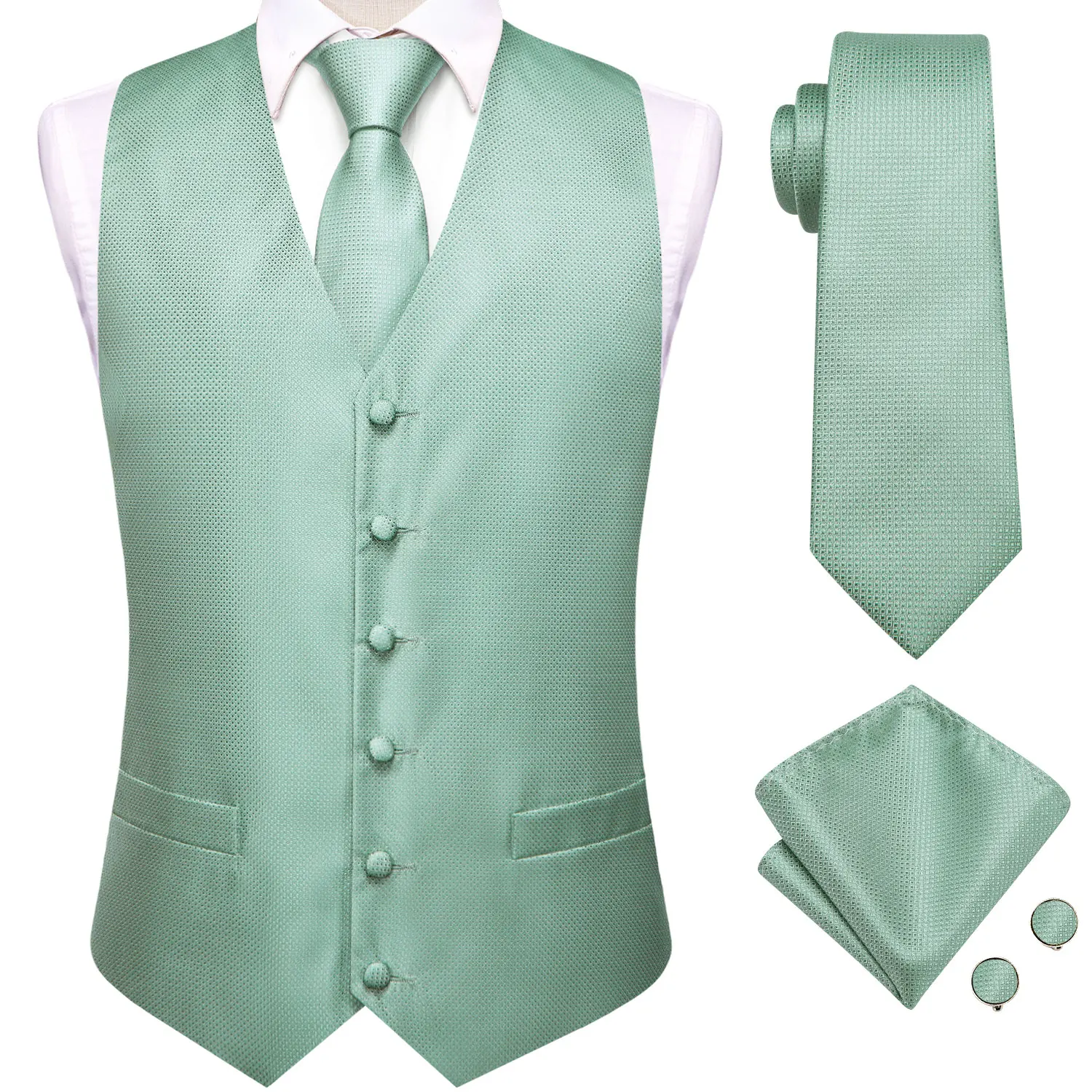 

Hi-Tie Mens Vests Silk Tie Set New Paisley Jacquard Jacket Necktie Hanky Cufflinks Wedding Party Green Beige Champagne Waistcoat