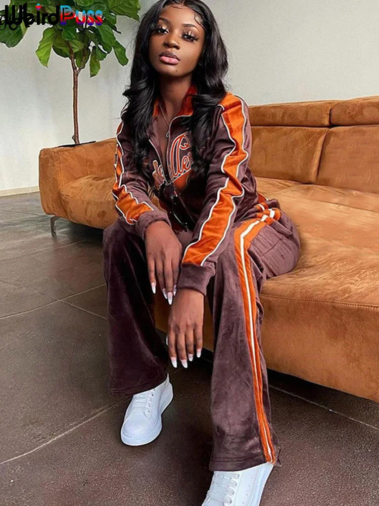 

Orangea Women Tracksuit Letter Print Veet 2 Piece Outfit Sweatshirt+Straight Sweatpants Matching Set Fiess Sporty Streetwear