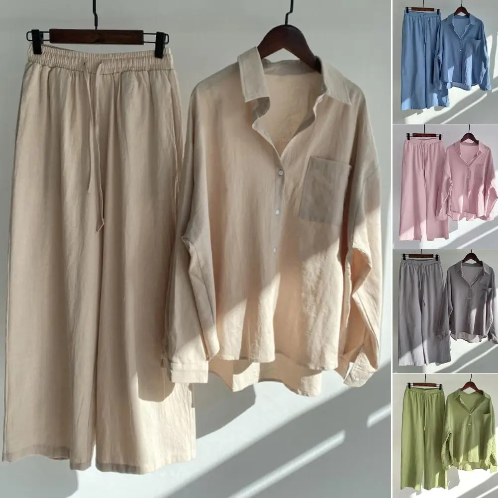 Women Shirt Pants Set Solid Color Women Tops Pants Suit Single-breasted Elastic Waist Wide Leg Blouse Trousers Set Two Pieces Se
Women Shirt Pants Set Solid Color Women Tops Pants Suit Single-breasted Elastic Waist Wide Leg Blouse Trousers Set Two Pieces Se
