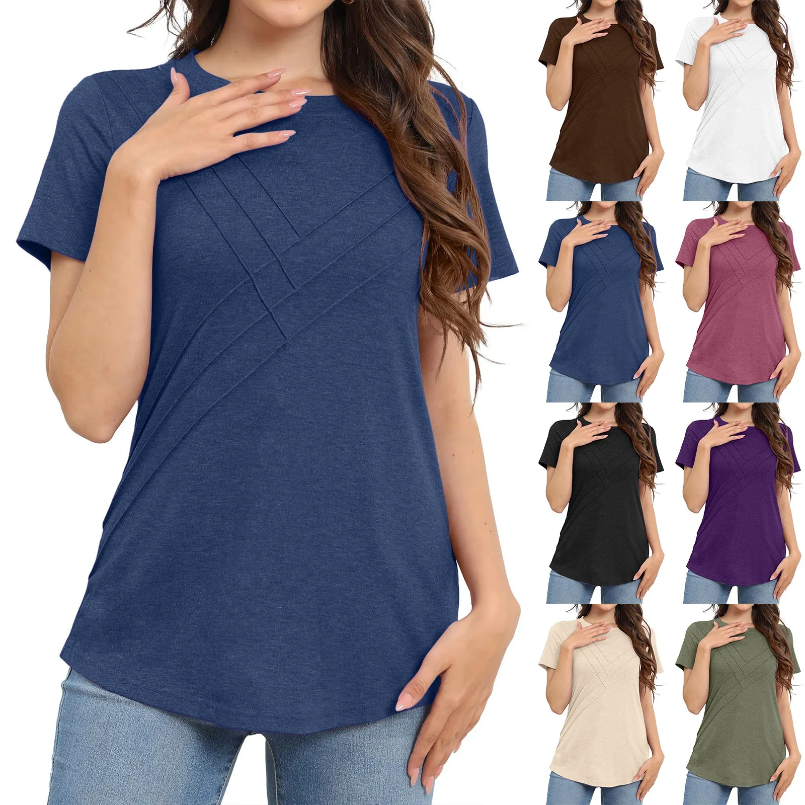 

Women'S Fashion Solid Color Round Neck Loose Short Sleeve T-Shirt Casual Top Plus Rozmiar Topy Camisetas Femininas 플러스사이즈 상의