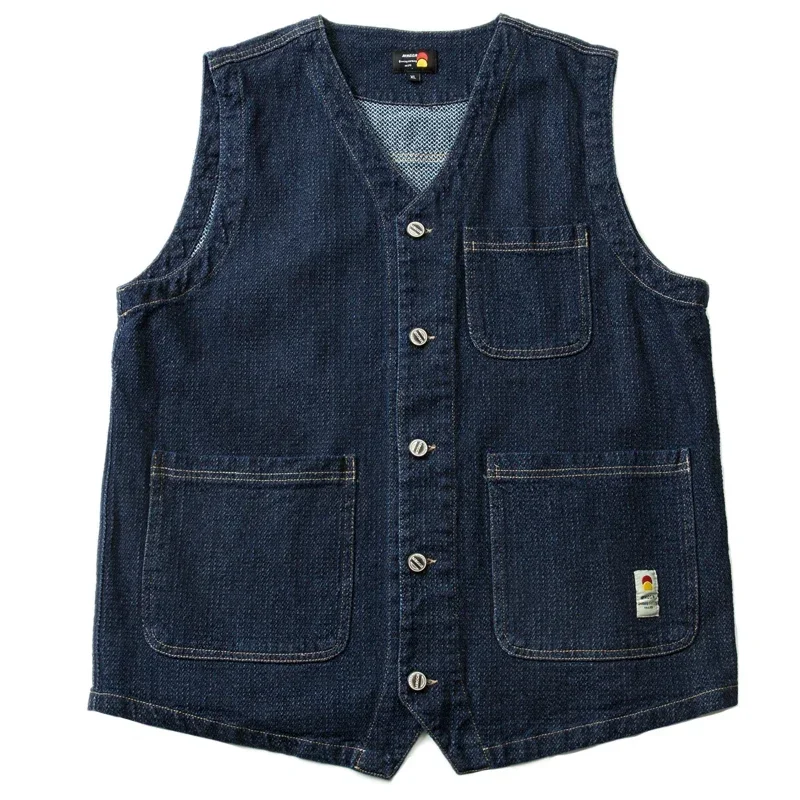 

Imitation Kendo Cloth Pineapple Grain Texture Navy Japan Multi Pocket Vest Men's Single Breasted V-neck Loose Coat Retro