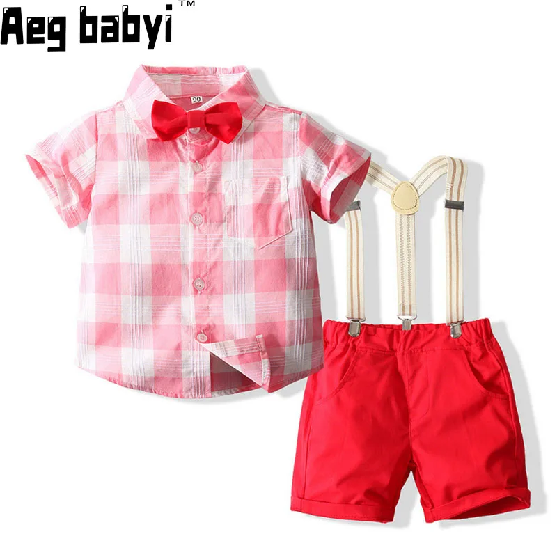 

Summer Kids Baby Boy Formal Suit Plaid Short Sleeve Bow Shirt+Pants Suspenders Shorts 2Pcs Children Handsome Gentleman Outfit