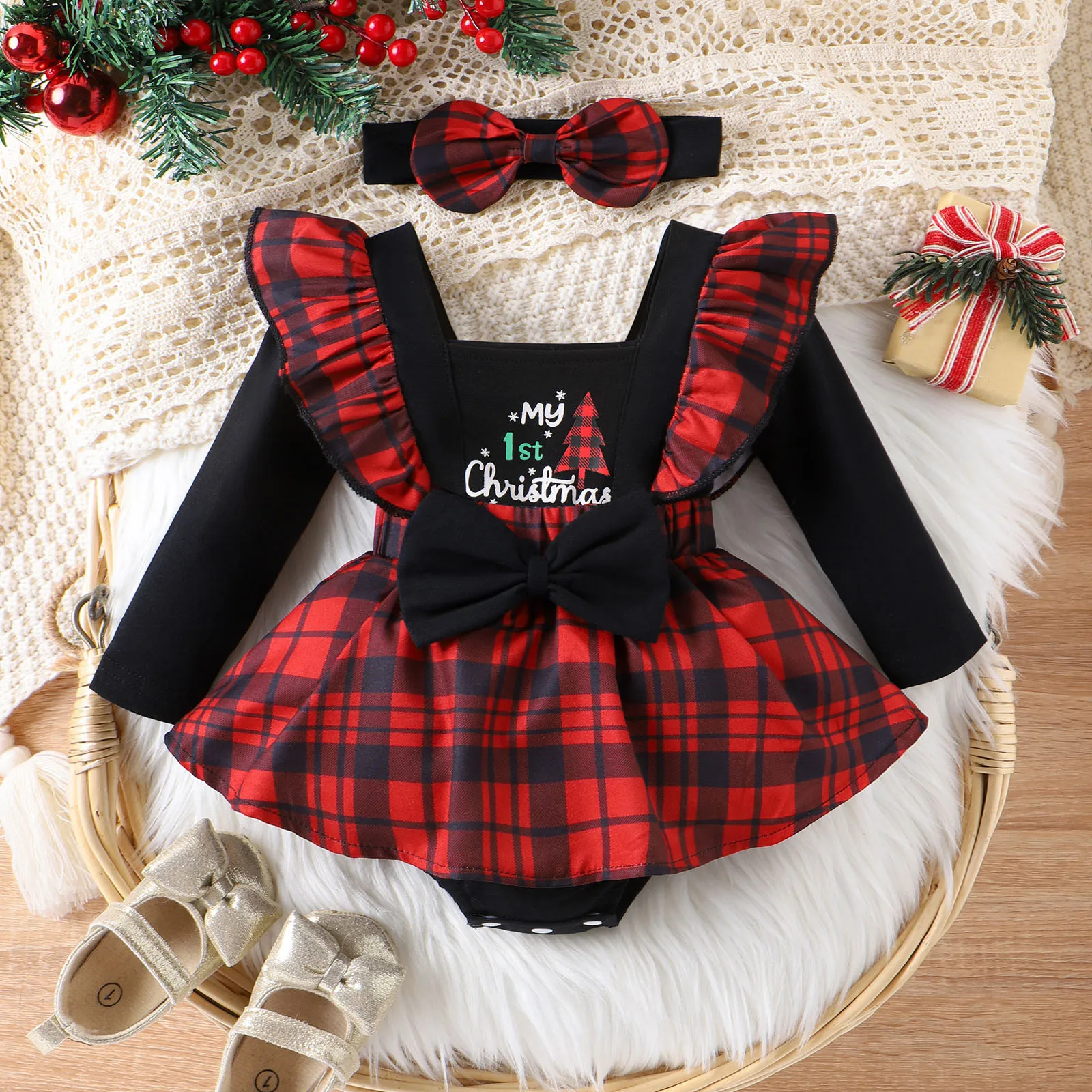 

0-24M Christmas Girl Red Romper Dress Newborn Infant Baby Ruffle Long Sleeve Bowknot Jumpsuit Plaid Print Xmas Costumes+Headband
