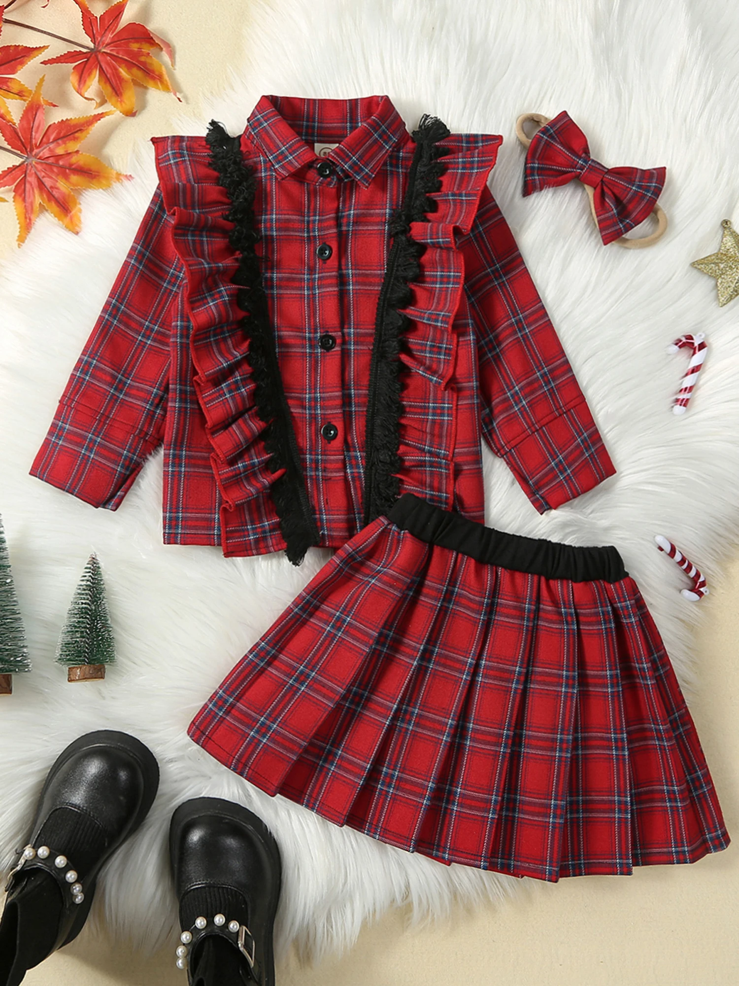 Baby Girl Christmas Outfits Plaid Ruffle Lapel Button Shirt Pleated Skirt Headband 3Pcs Clothes Set for Festive Celebrations
Baby Girl Christmas Outfits Plaid Ruffle Lapel Button Shirt Pleated Skirt Headband 3Pcs Clothes Set for Festive Celebrations