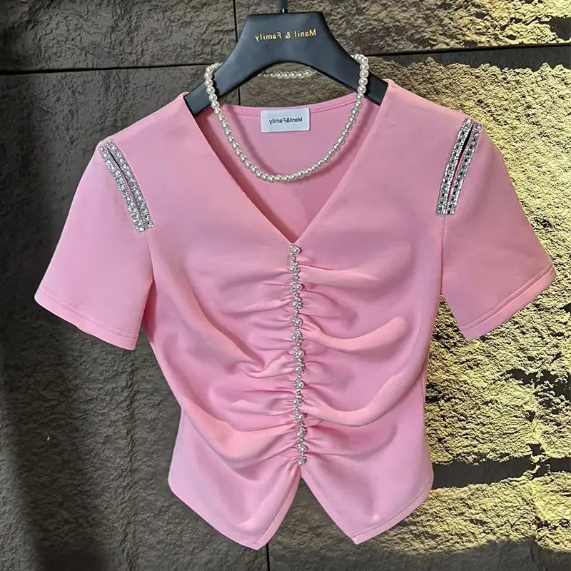 Женская блузка с V-образным вырезом, необычная плиссированная блузка в офисном стиле, необычная блузка с бисером и бриллиантами, лето 
Женская блузка с V-образным вырезом, необычная плиссированная блузка в офисном стиле, необычная блузка с бисером и бриллиантами, лето