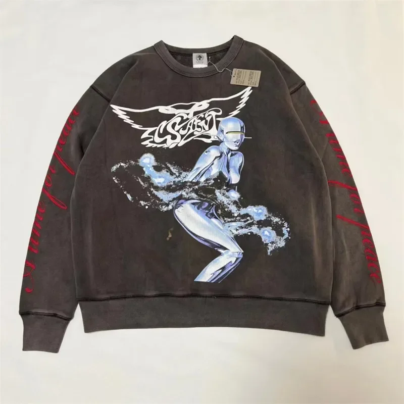 

Y2K Good Quality Washed SAINT MICHAEL Fashion Sweatshirts Men1:1 Hole Hooded Digital Rib Cracking Crewneck Hoodie