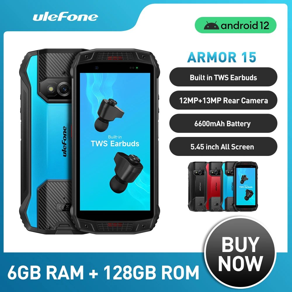 Ulefone Armor 15 Rugged Waterproof Phone 128GB NFC Android 12 Built-in TWS Earbuds Smartphone 6600mAh 2.4G/5G WLAN Mobile Phone
Ulefone Armor 15 Rugged Waterproof Phone 128GB NFC Android 12 Built-in TWS Earbuds Smartphone 6600mAh 2.4G/5G WLAN Mobile Phone