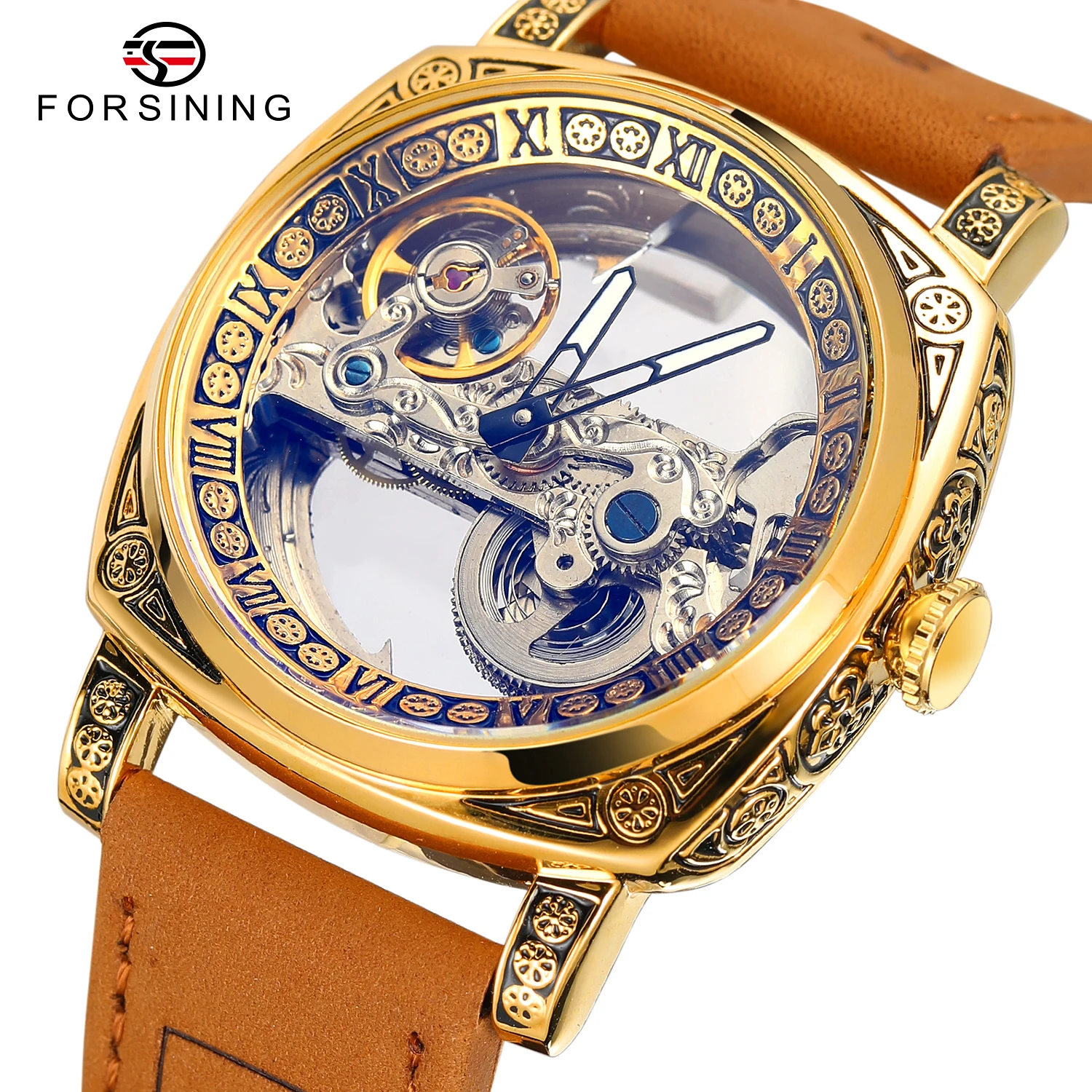 

Forsining Business Leather Strap Watch Top Brand Men Mechanical Wristwatch Automatic Transparent Skeleton Tourbillon Watches