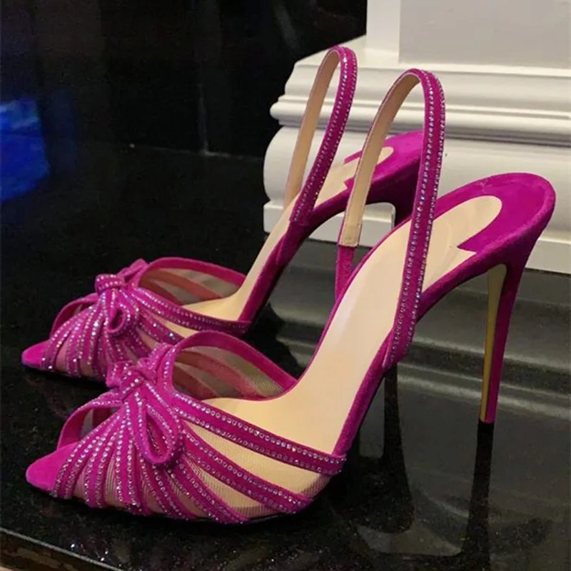 Fuchsia Suede Butterfly Knot Crystal Slingback Shoes Open toe Mesh See Through Stiletto Heel Pumps Celebrating Banquet Shoes
Fuchsia Suede Butterfly Knot Crystal Slingback Shoes Open toe Mesh See Through Stiletto Heel Pumps Celebrating Banquet Shoes