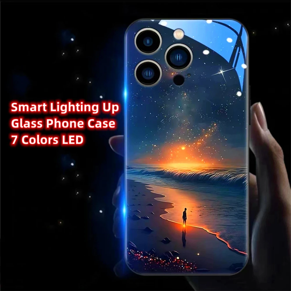 

Lonely Sad Starry Sky Smart LED Light Glow Tempered Glass Phone Case For Huawei P60 P50 P40 P30 Pro Plus Mate 60 50 50E 40 30 20