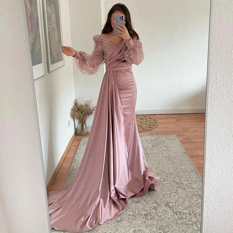 

Elegant Pink Prom Dresses Glitter V-neck Evening Dress Puff Sleeve High Split Lace Saudi Arabia Dubai Cocktail Party Gown