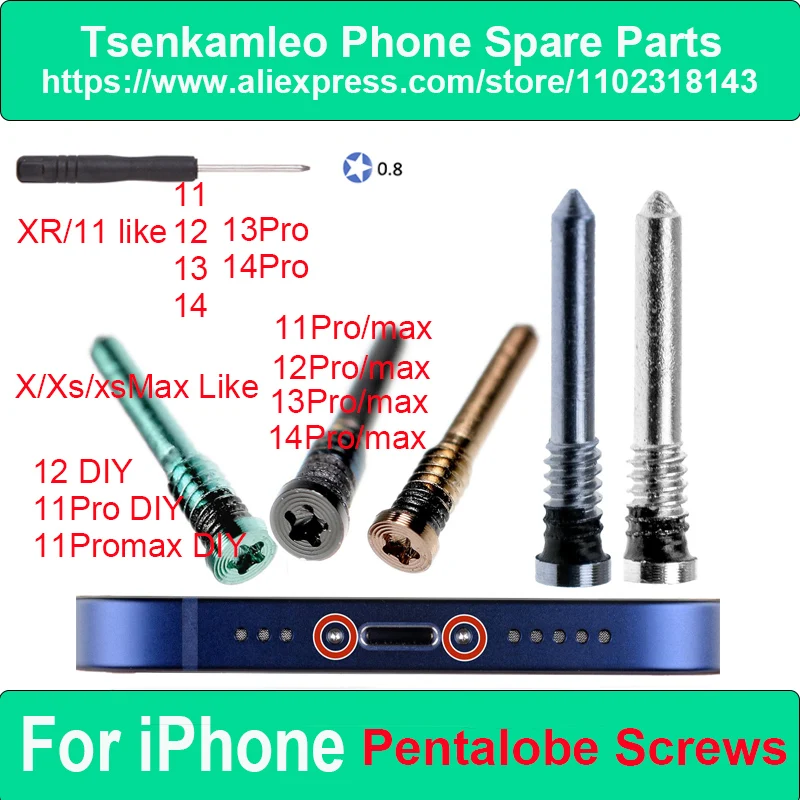 

2Pcs Pentalobe Screws for iPhone XR X Xs 11 12 Like 13 Pro 14Pro Max Diy Bottom Dock Connector Five Stars Screw With tools