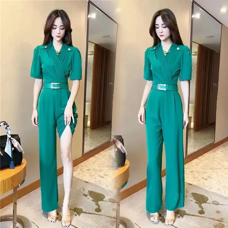 

2023 Women Green Jumpsuit Summer New Short-Sleeved Casual Waist Was Thin Wide-Leg Pant Rompers Red Black Khaki Female Jumpsuit