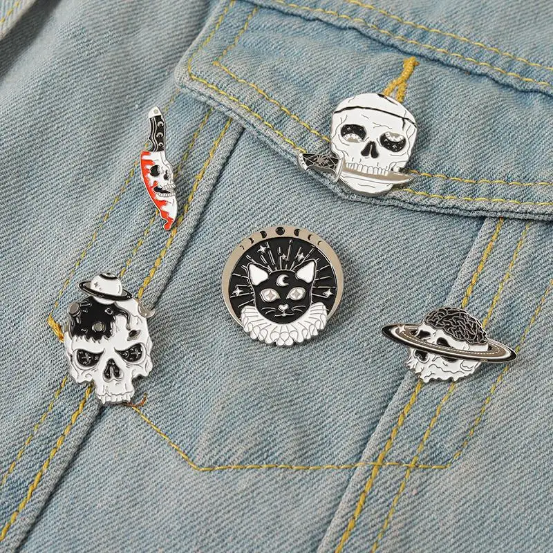 

Pins Custom Universe Planet Adventure Cats Brooches Lapel Badges Punk Gothic Jewelry Gift for Friends Skeleton Dagger Enamel