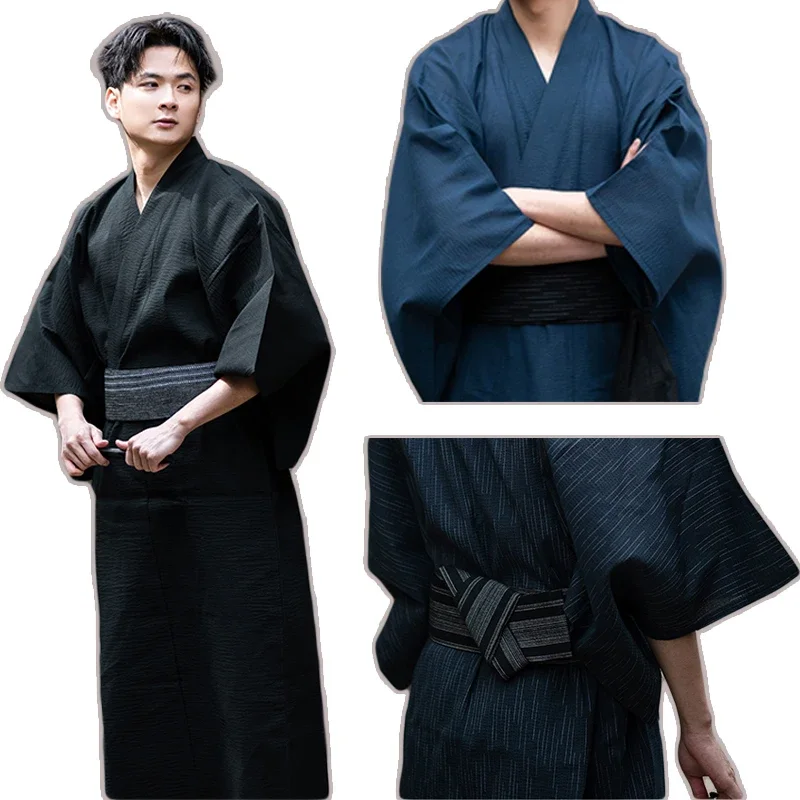 

2024 Japanese Traditional Samurai Kimono Men Yukata Bathing Robe Hekoobi Loose Style Sauna Wear Homewear Belt Long Gown Cotton