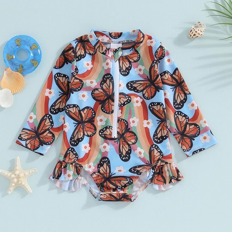 

BeQeuewll Baby Girl Swimsuits Summer Ruffled Hem Butterfly Print Long Sleeves Zipper Beachwear for Toddler Bathing Suits