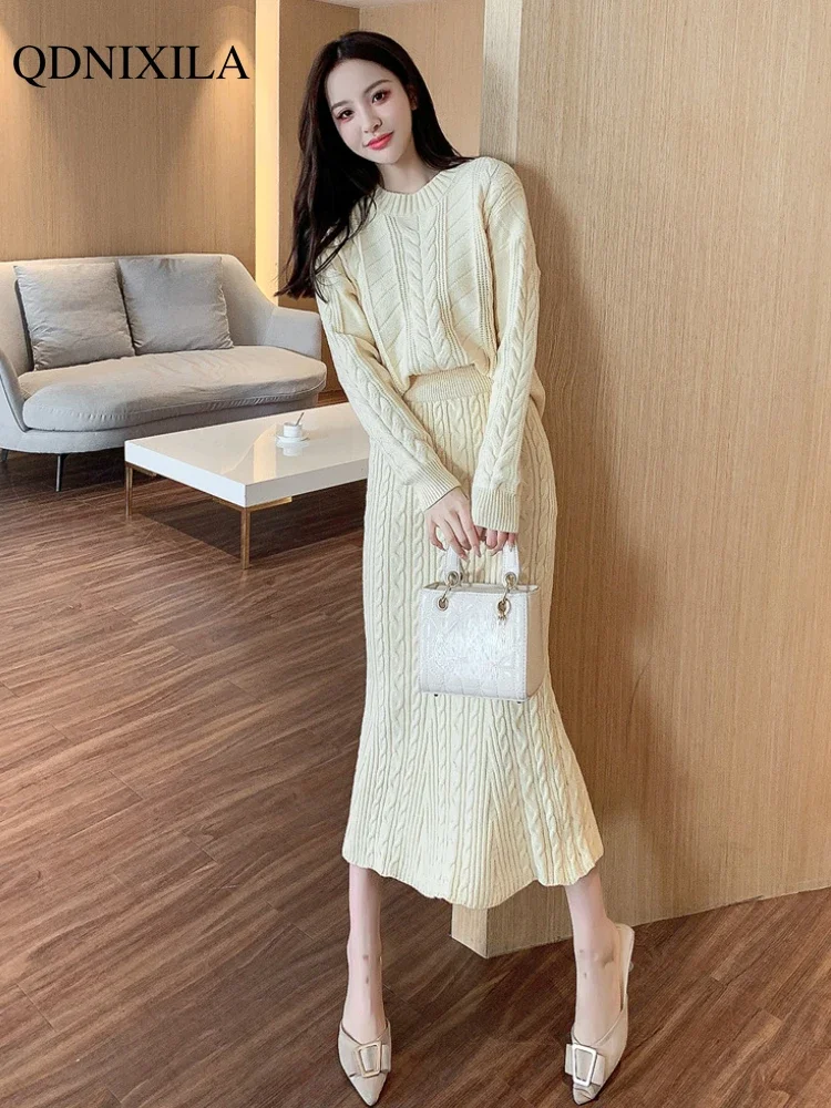 Autumn Winter New Matching Dress Sets Elegant Korean Loose Pullover Top Long Skirt Fashion Knit Sweater Two Piece Set for Women
Autumn Winter New Matching Dress Sets Elegant Korean Loose Pullover Top Long Skirt Fashion Knit Sweater Two Piece Set for Women
