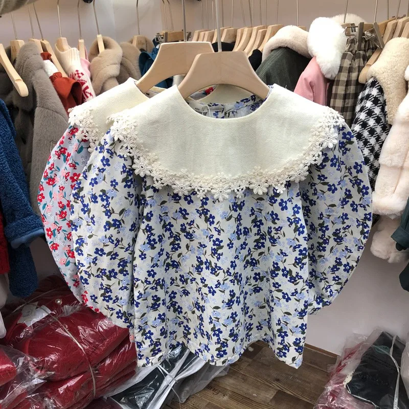 

Baby Flower Bubble Sleeve Cotton Long Sleeve Lace Collar Lace Spring And Autumn Girl Princess Shirt (Detachable Collar)