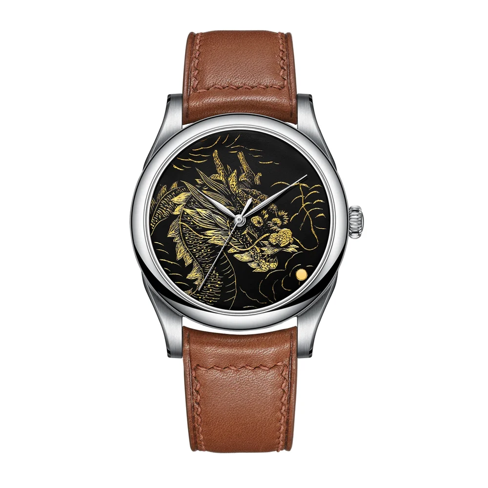 

HUASUO 38mm Lacquerware Inlaid Gold Foil Dial Chinese Zodiac Dragon Year Mens Watch Sapphire Crystal ETA 2824 Movement