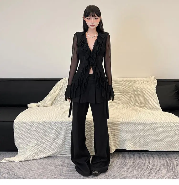 Korean Blouse Women's Clothing V-neck Long Sleeve Tunic Shirts Camisas De Mujer Heavy Ruffles Spring Summer Gauze Blouses Tops Korean Blouse Women's Clothing V-neck Long Sleeve Tunic Shirts Camisas De Mujer Heavy Ruffles Spring Summer Gauze Blouses Tops