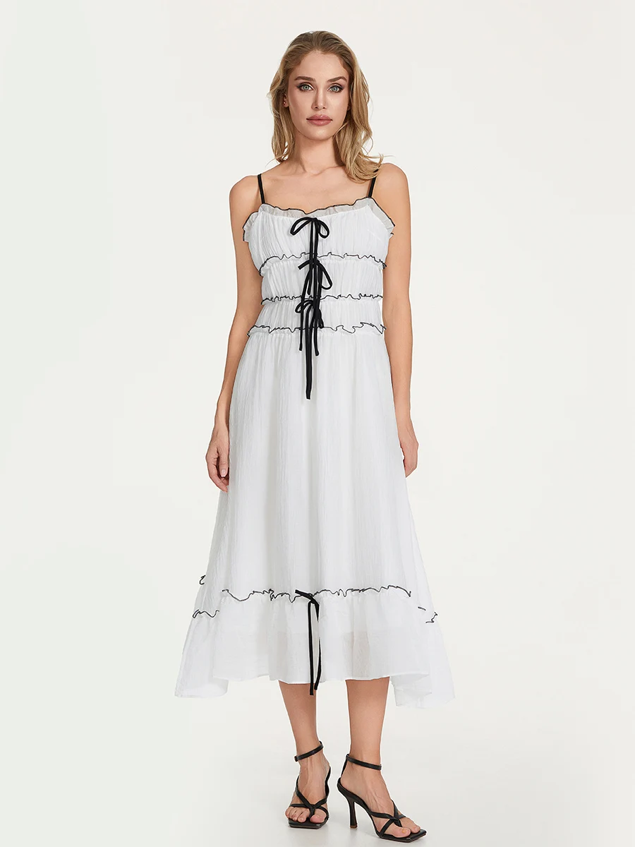 

JCMoniDun Women Y2k Spaghetti Strap Long Dress Sleeveless Tie Up Smocked Dress Summer Casual Flowy Dress