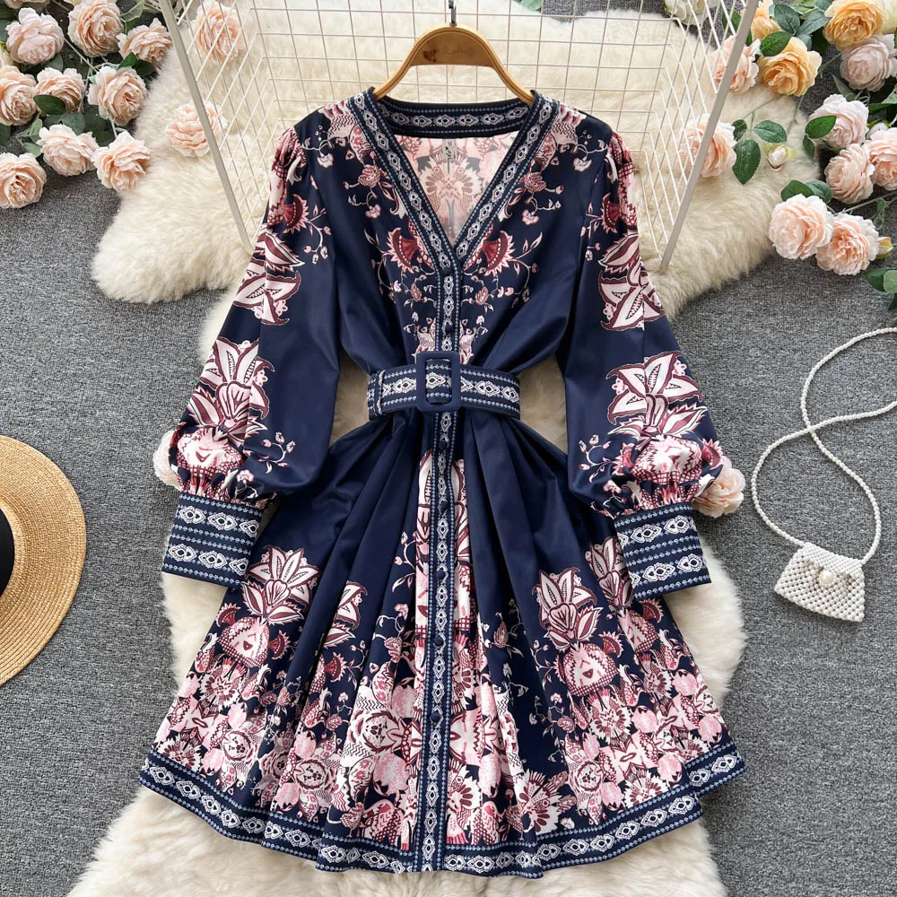 Women Dresses Spring Summer 2023 Fashion Designer Floral Print Vintage Dress V Neck Long Lantern Sleeve Belted Mini Dress
Women Dresses Spring Summer 2023 Fashion Designer Floral Print Vintage Dress V Neck Long Lantern Sleeve Belted Mini Dress