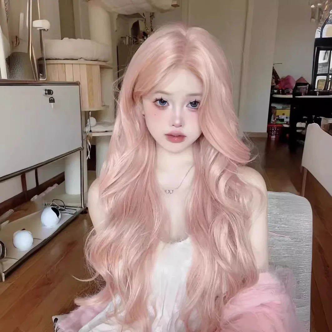 

Long Wavy Rose powder Wig for Women Daily Party Natural Looking Synthetic Hair Wigs with Fluffy Bangs High Quality lolita wig