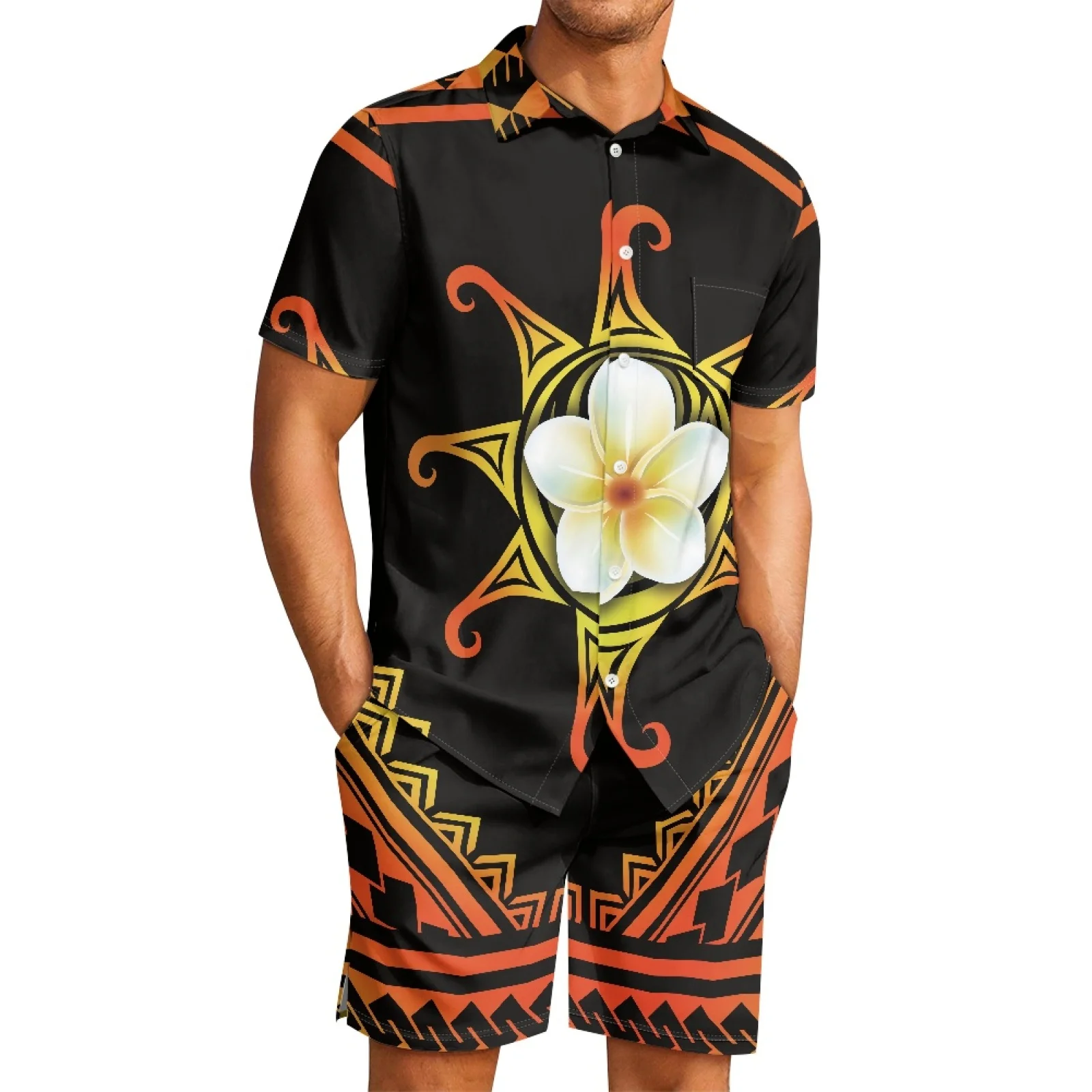 

Polynesian Tribal Samoan Totem Tattoo Samoa Prints Man Party Polyester Clothing Classic Lapel Plumeria Short-Sleeved Shorts Suit