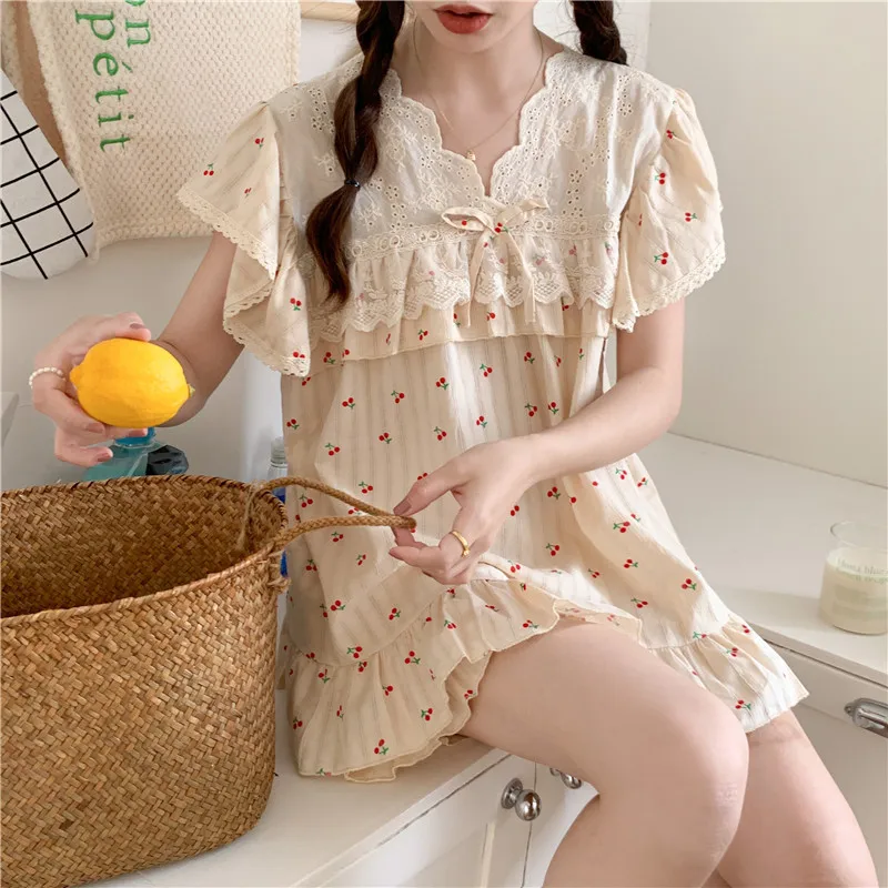 Summer Home Clothes Women Cherry Ruffles Lace Patchwork Embroidery Pajama Set Shorts Sleepwear Apricot Homewear 100% Cotton S120
Summer Home Clothes Women Cherry Ruffles Lace Patchwork Embroidery Pajama Set Shorts Sleepwear Apricot Homewear 100% Cotton S120
