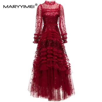 Pulseira de Prata ANENJER: Um Toque de Elegância para Homens e Mulheres 8 MARYYIMEI Fashion Designer Spring Women's Ball Gown dress Long sleeved Mesh sequins Ruffles Slim Elegant Party S-XXXL Maxi dress