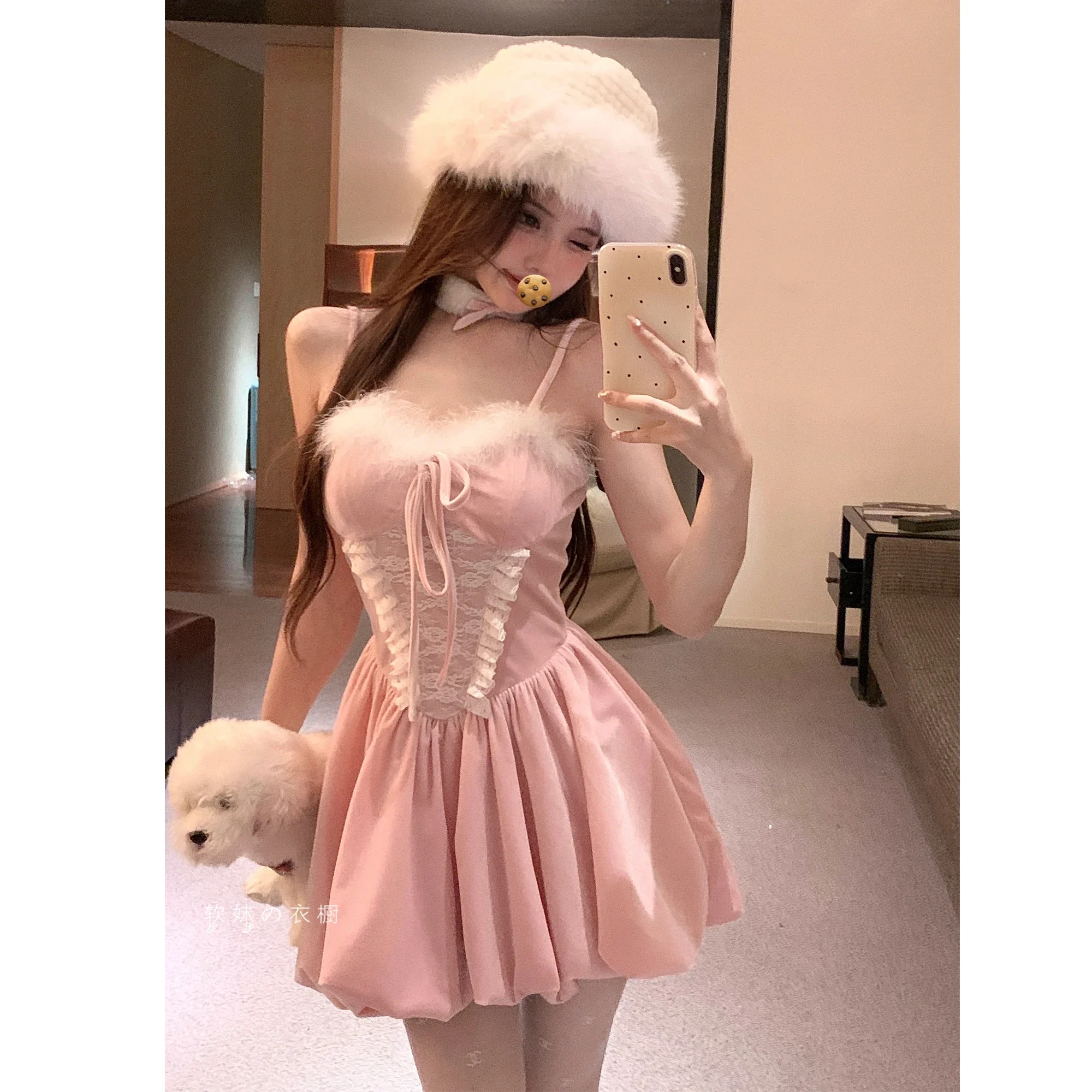 

Elegant Lace Furry Waist Pink Velvet Suspender Dresses Women Japanese Soft Girl Lolita Feather Patchwork Ruffled Pleated Dress