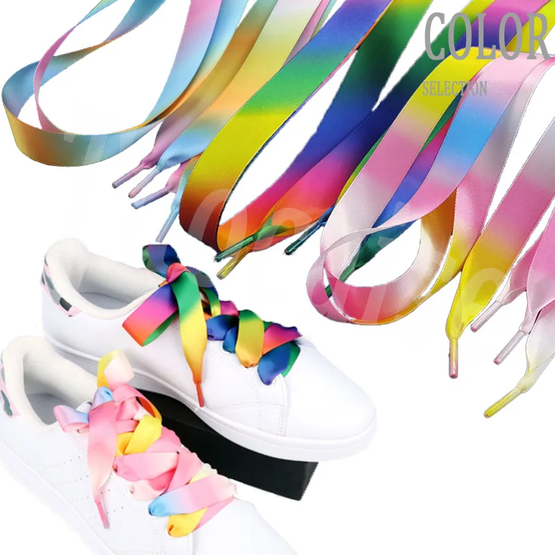 

1Pair 2CM Rainbow Silk Shoe laces Satin Ribbon Flat Shoelaces Women Sneakers Shoelace Boots laces for shoes Length 100/120/150CM