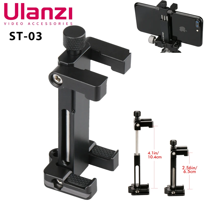 

Ulanzi ST-03 Metal phone Holder Tripod Mount with Cold Shoe Mount 3 Color and Arca-Style Quick Release Plate for iPhone8/7 Plus