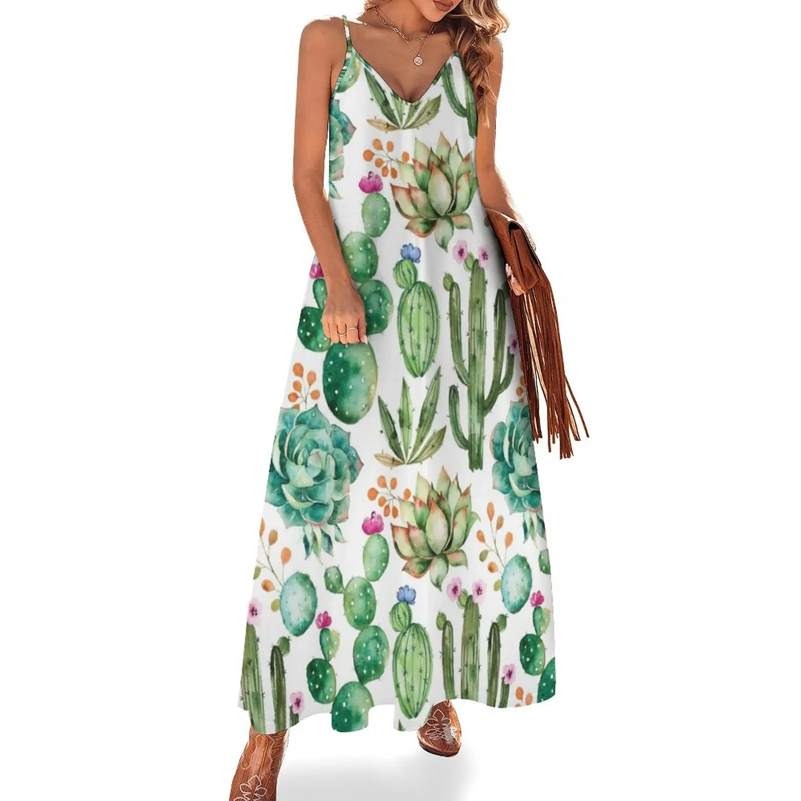 

Watercolor Cactus Pattern Sleeveless Dress chic and elegant evening dress Women's summer skirt Female dress