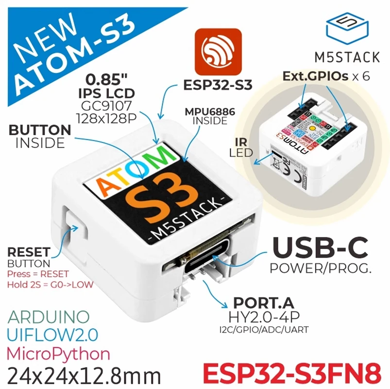 Программируемый контроллер M5Stack AtomS3 ESP32-S3 Main control, встроенные приложения IoT
Программируемый контроллер M5Stack AtomS3 ESP32-S3 Main control, встроенные приложения IoT