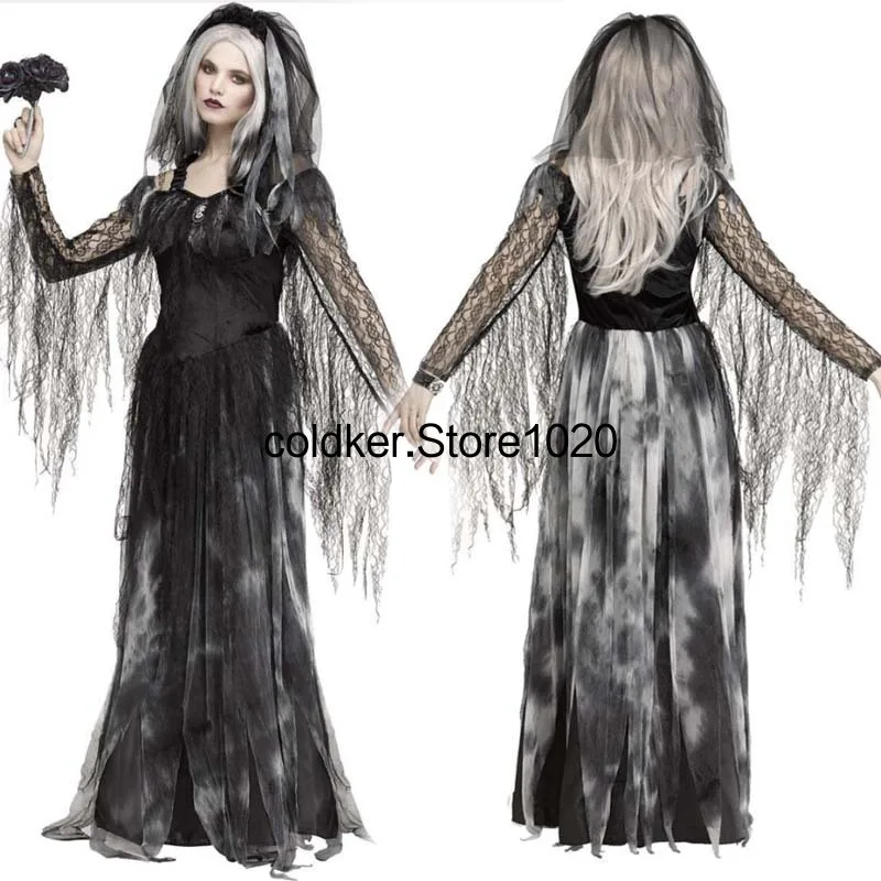 

Страшная женская униформа на Хэллоуин, привидение невесты, свадебное платье, костюм для вечеринки, костюм вампира, готическое черное сексуальное кружевное платье