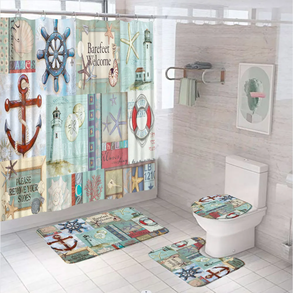 

Nautical Shower Curtain Set Vintage Anchor Coastal Lighthouse Ocean Starfish Seashell Bathroom Curtains With Toilet Rug Bath Mat