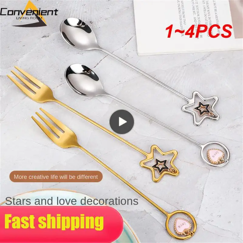 

1~4PCS Stainless Steel Coffee Spoon Five-pointed Star Pendant Mixing Spoon Long Handle Mixing Spoon Fruit Fork Kitchen Tableware