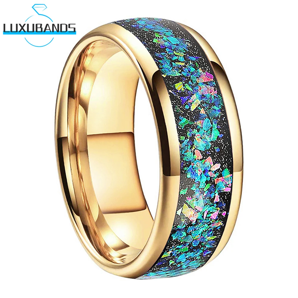 Tungsten Wedding Couple Ring Multicolor Galaxy Series Opal Chip Inlay Gold For Men Women In Stock Polished Finish Comfort Fit 
Tungsten Wedding Couple Ring Multicolor Galaxy Series Opal Chip Inlay Gold For Men Women In Stock Polished Finish Comfort Fit