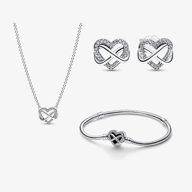 2023 New Moments Series 925 Silver Full Diamond Sparkling Infinity Heart Stud Fashion Necklace Earrings Bracelet Set
2023 New Moments Series 925 Silver Full Diamond Sparkling Infinity Heart Stud Fashion Necklace Earrings Bracelet Set
